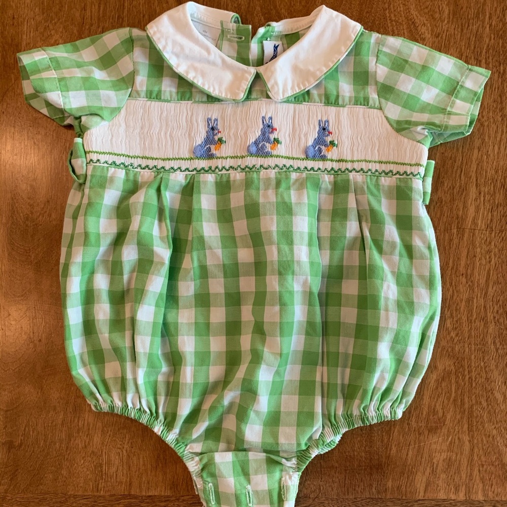 Smocked silly good gingham romper 6 mos